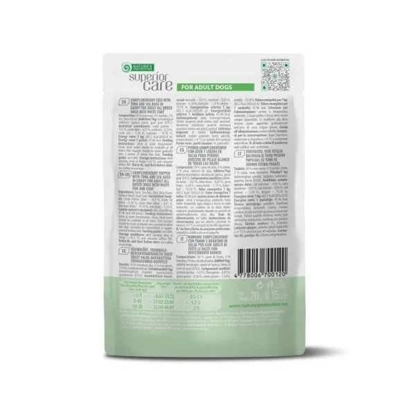 Nutrient-rich wet food with tuna and sea bass for adult white-coated dogs