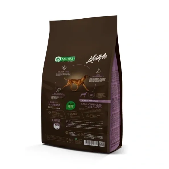 Grain free hypoallergenic dry dog food with lamb as main protein source for adult dogs, supporting digestion, skin, and coat