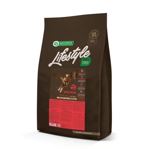 Grain free dry dog food with salmon for adult dogs, promoting skin, coat, and digestion support