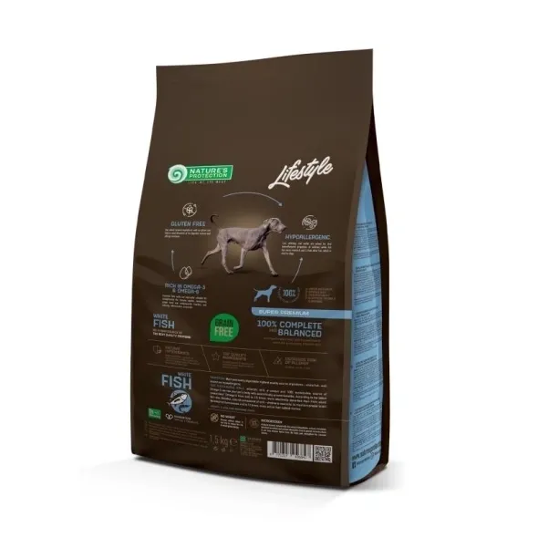 Grain free hypoallergenic dry dog food with white fish as main protein source for adult dogs, supporting digestion, skin, and coat