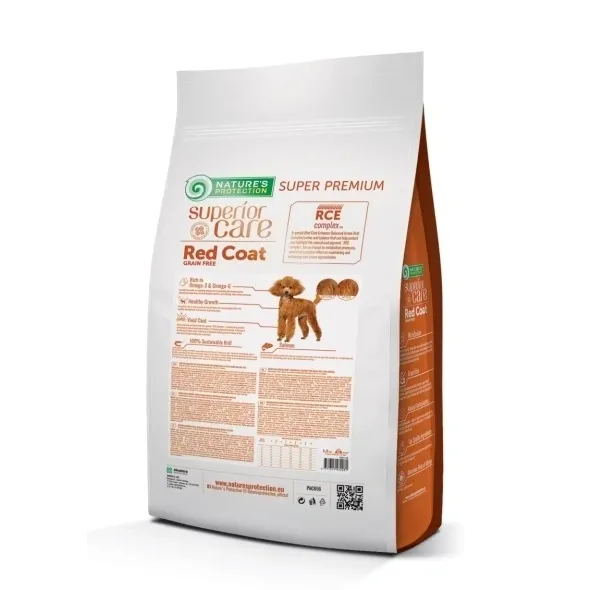 Packaging of Nature’s Protection wheat free puppy food with salmon & krill, designed for small red coat puppies, supporting skin and coat health