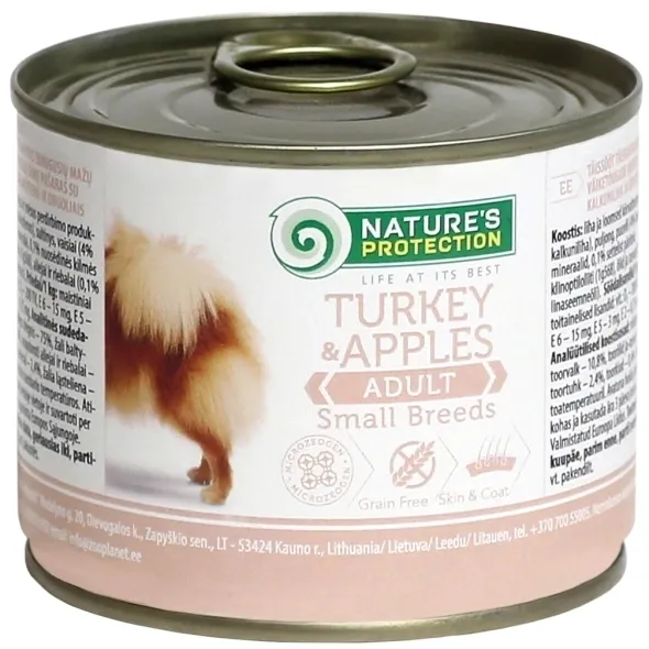 Wet dog food with turkey and apples for small breed dogs, supporting digestion and immunity