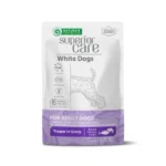 Wet food supplement with tuna and salmon for adult white-coated dogs