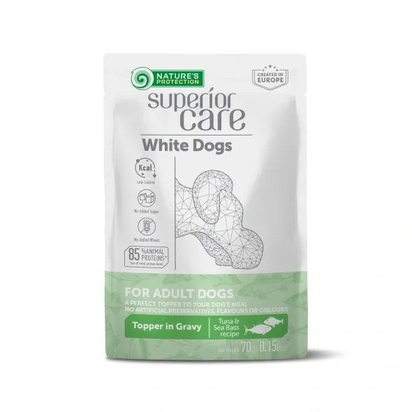 Wet food supplement with tuna and sea bass for adult white-coated dogs