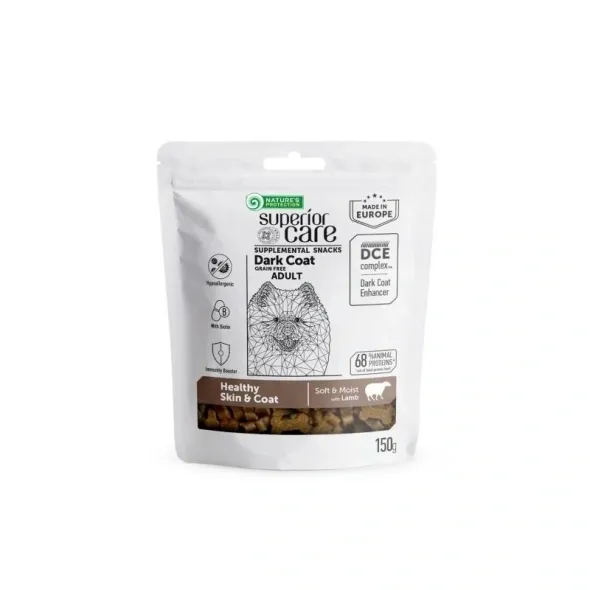Nature’s Protection grain free dog treats with lamb for adult dark coat dogs, supporting healthy skin, shiny coat, digestion, and joints