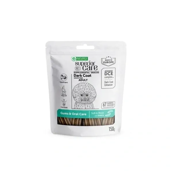 Nature’s Protection grain free dog treats with insect protein, supporting oral health and shiny coat in adult dark coat dogs